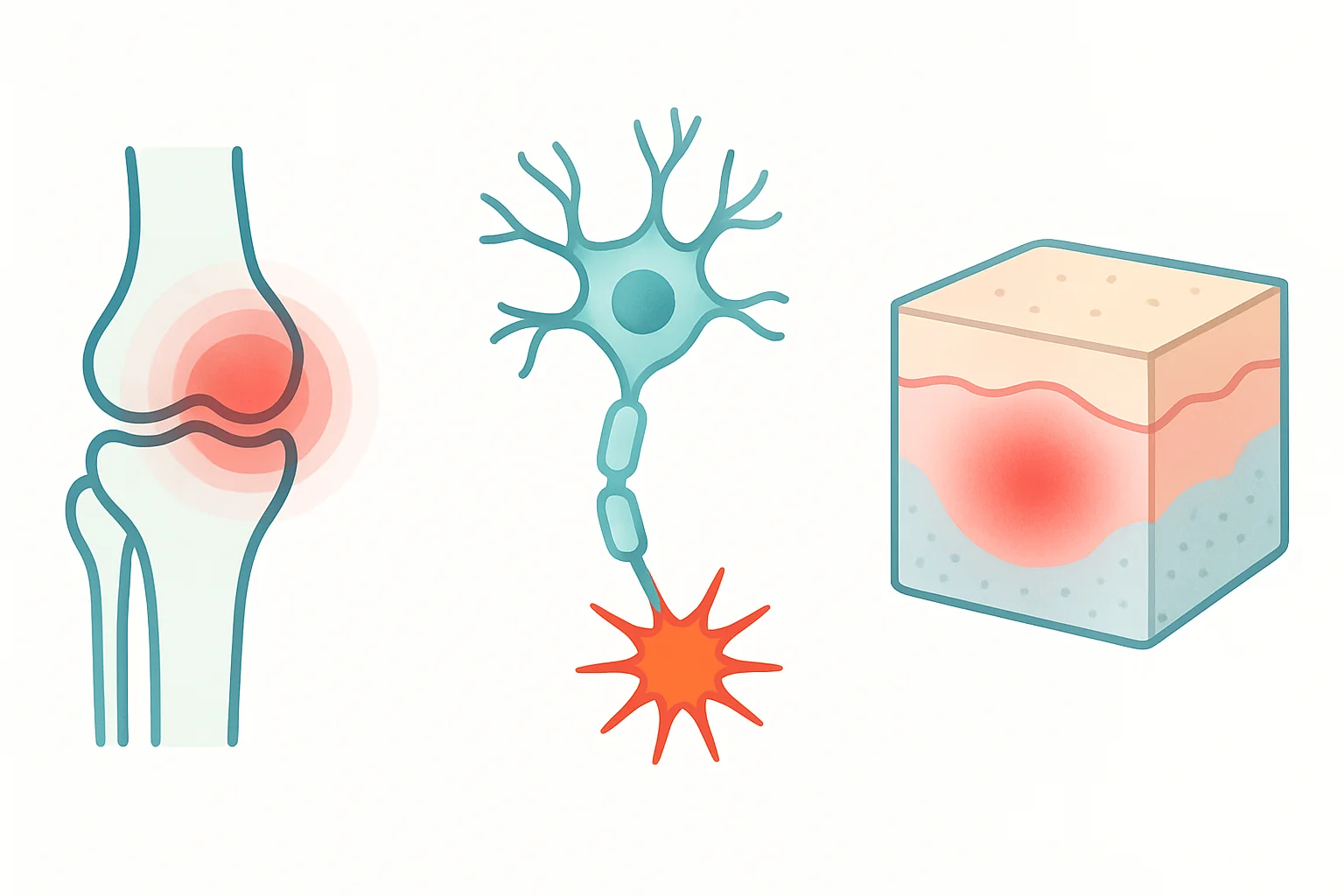 Tre tipi di dolore che il CBD può alleviare: nocicettivo (articolazione), neuropatico (nervo) e infiammatorio (tessuto)